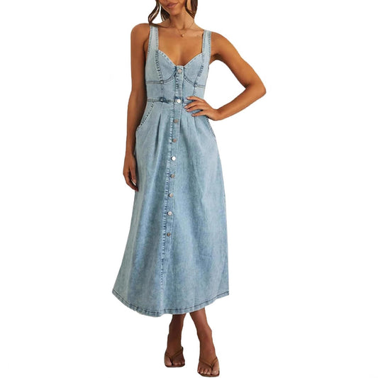 Victorian Sleeveless Button Front Denim Dress For Women | Alvera
