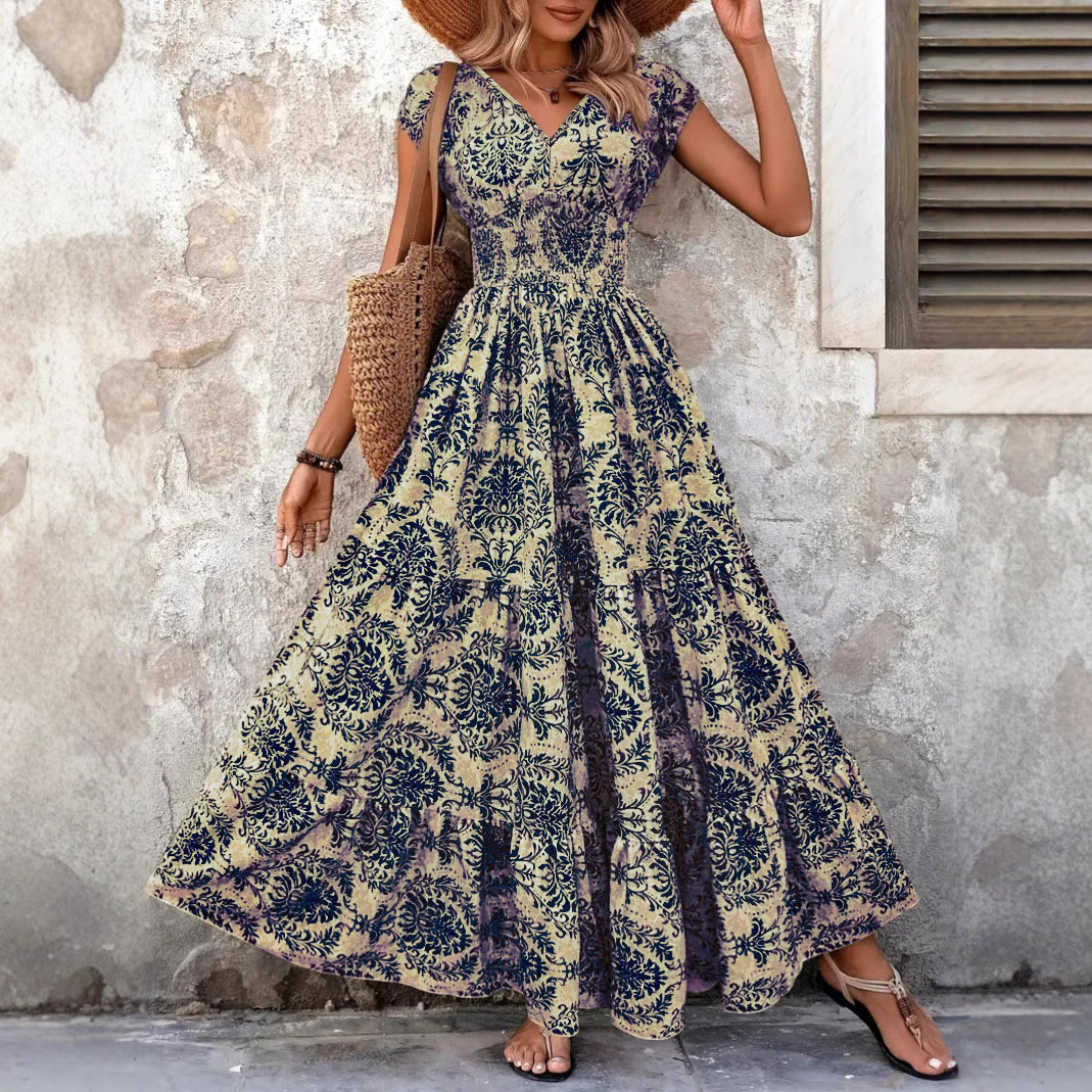 Saturated Chic V Neck Shirred Boho Dress For Women | Isadora
