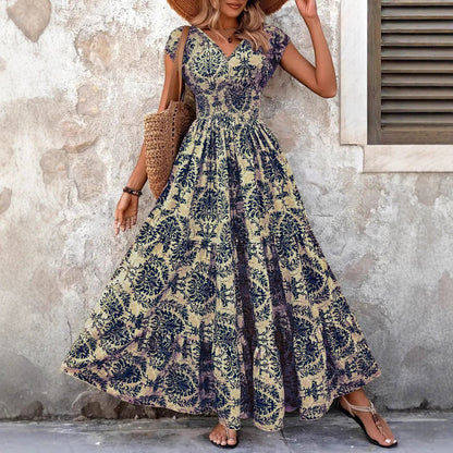 Saturated Chic V Neck Shirred Boho Dress For Women | Isadora