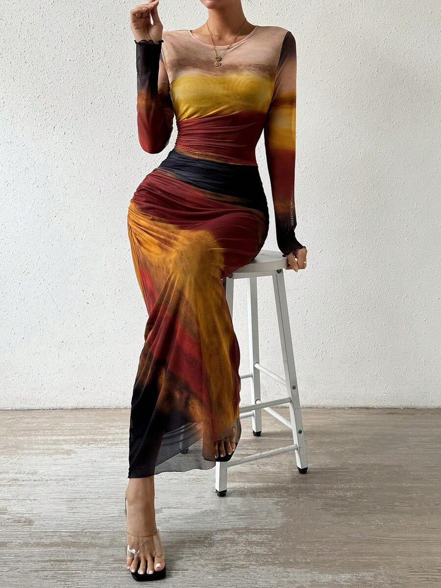 Harbor Printed Long Sleeve Bodycon Long Dress For Women | Arissa