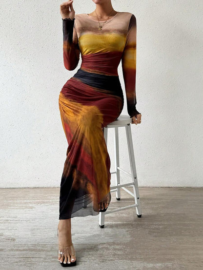 Harbor Printed Long Sleeve Bodycon Long Dress For Women | Arissa