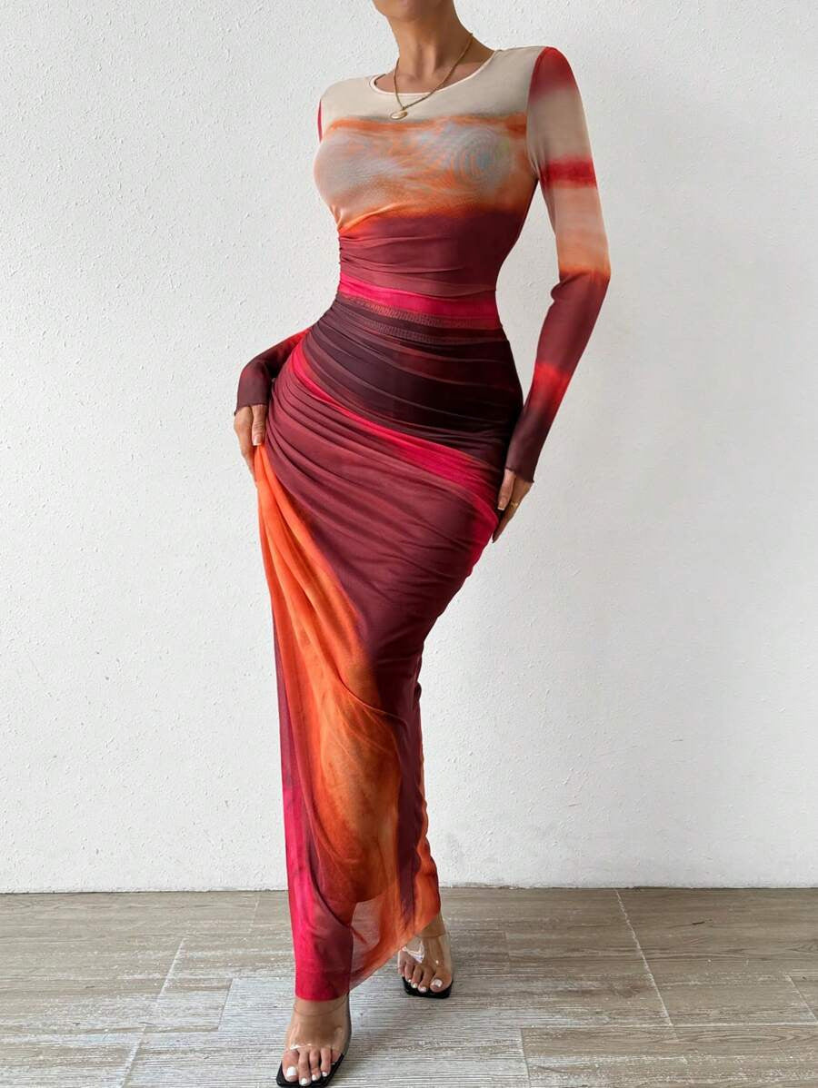 Harbor Printed Long Sleeve Bodycon Long Dress For Women | Arissa