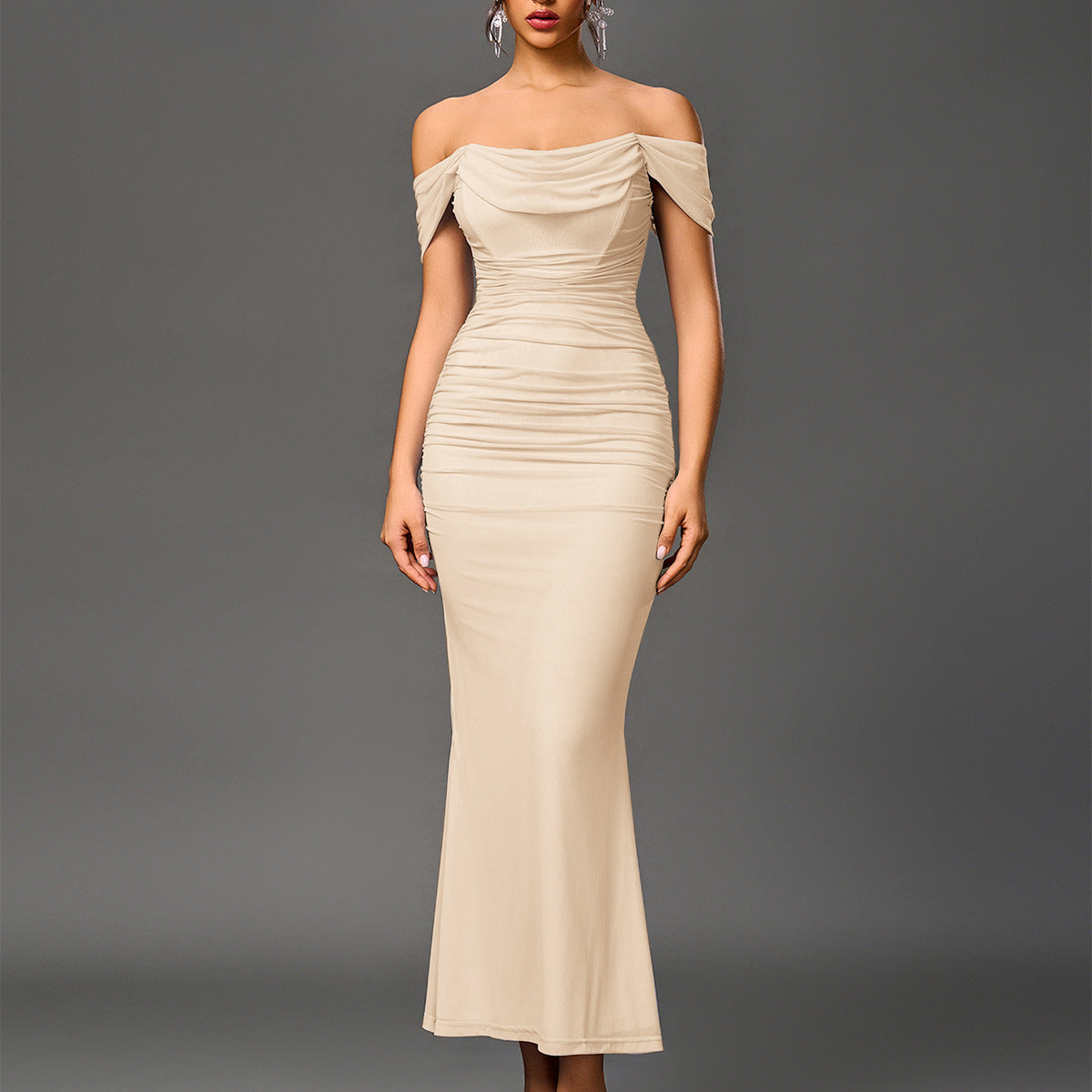 Peaceful Elegant Off Shoulder Backless Mermaid Long Dress For Women | Calantha