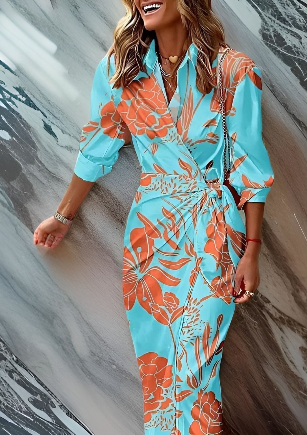 Embossed Printed waist-cinching shirt dress for women | Olivia