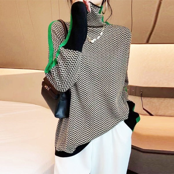 Chic High Neck Contrast Stripe Jumper For Women | Elenora