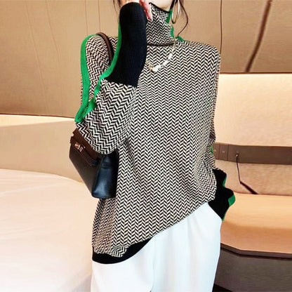 Chic High Neck Contrast Stripe Jumper For Women | Elenora
