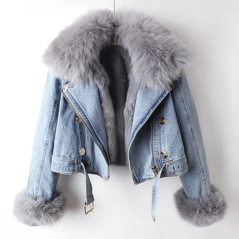 Minimalist Cropped Denim Jacket With Fur Trim For Women | Valentina