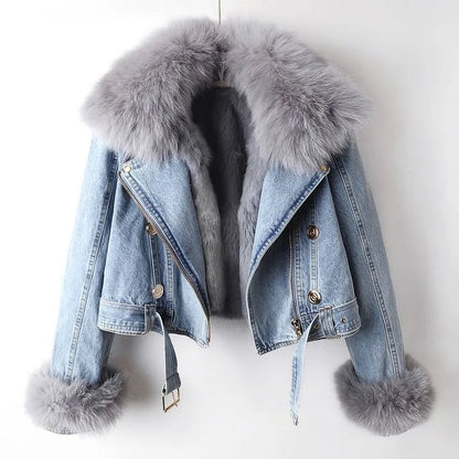 Minimalist Cropped Denim Jacket With Fur Trim For Women | Valentina