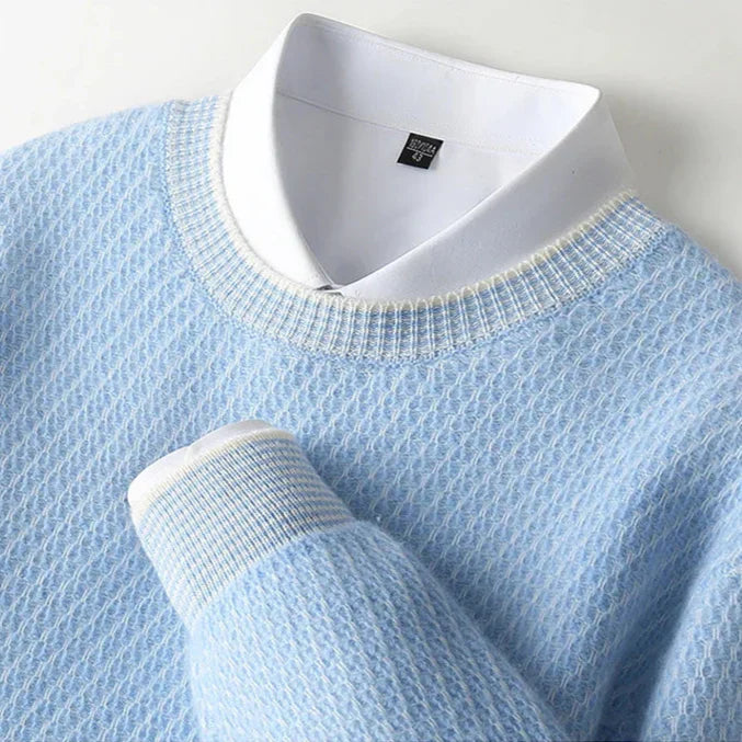 Cream Textured Crew Neck Sweater for Men | Jheo