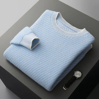Cream Textured Crew Neck Sweater for Men | Jheo