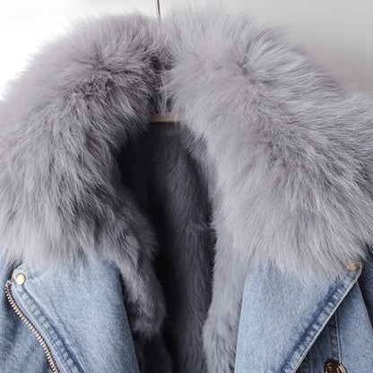 Minimalist Cropped Denim Jacket With Fur Trim For Women | Valentina