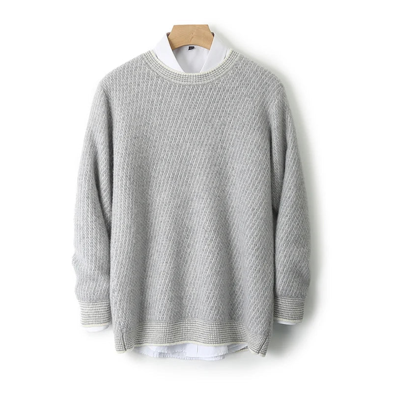 Cream Textured Crew Neck Sweater for Men | Jheo