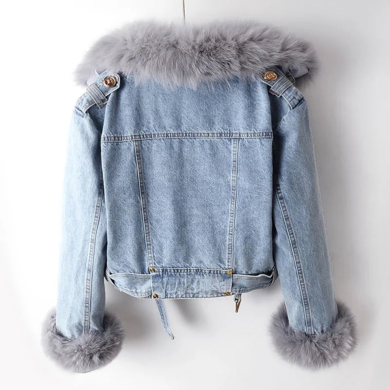 Minimalist Cropped Denim Jacket With Fur Trim For Women | Valentina