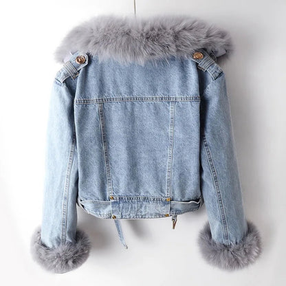 Minimalist Cropped Denim Jacket With Fur Trim For Women | Valentina