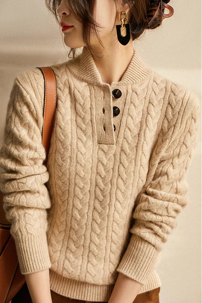 Noon Cable Detail Half Button Sweater For Women | Isabelle