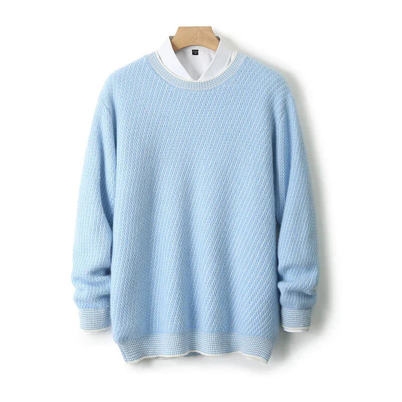 Cream Textured Crew Neck Sweater for Men | Jheo