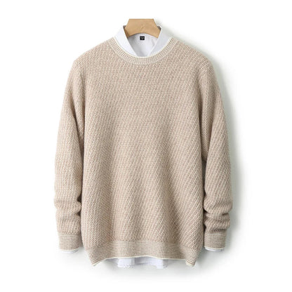 Cream Textured Crew Neck Sweater for Men | Jheo