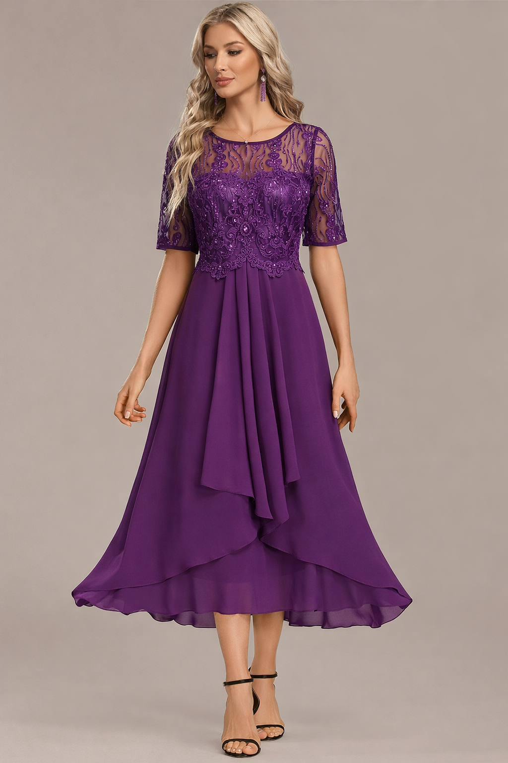 Notable Navy lace short sleeve midi dress for women | Sophie