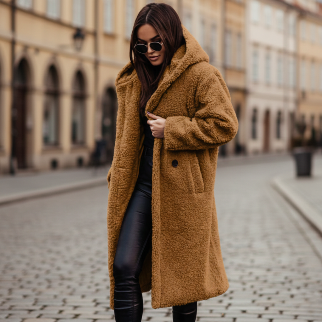 Luxe Long Hooded Textured Coat For Women | Ardelia