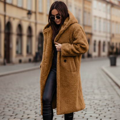Luxe Long Hooded Textured Coat For Women | Ardelia
