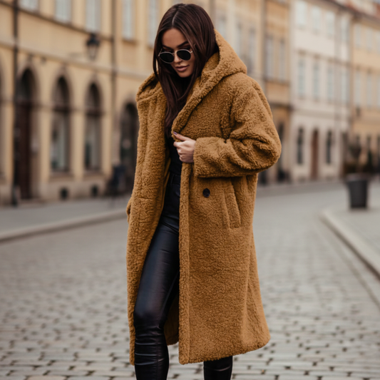Luxe Long Hooded Textured Coat For Women | Ardelia