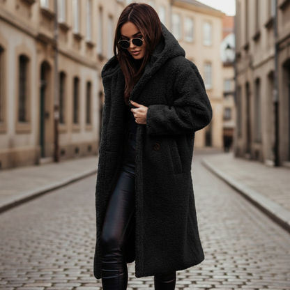 Luxe Long Hooded Textured Coat For Women | Ardelia
