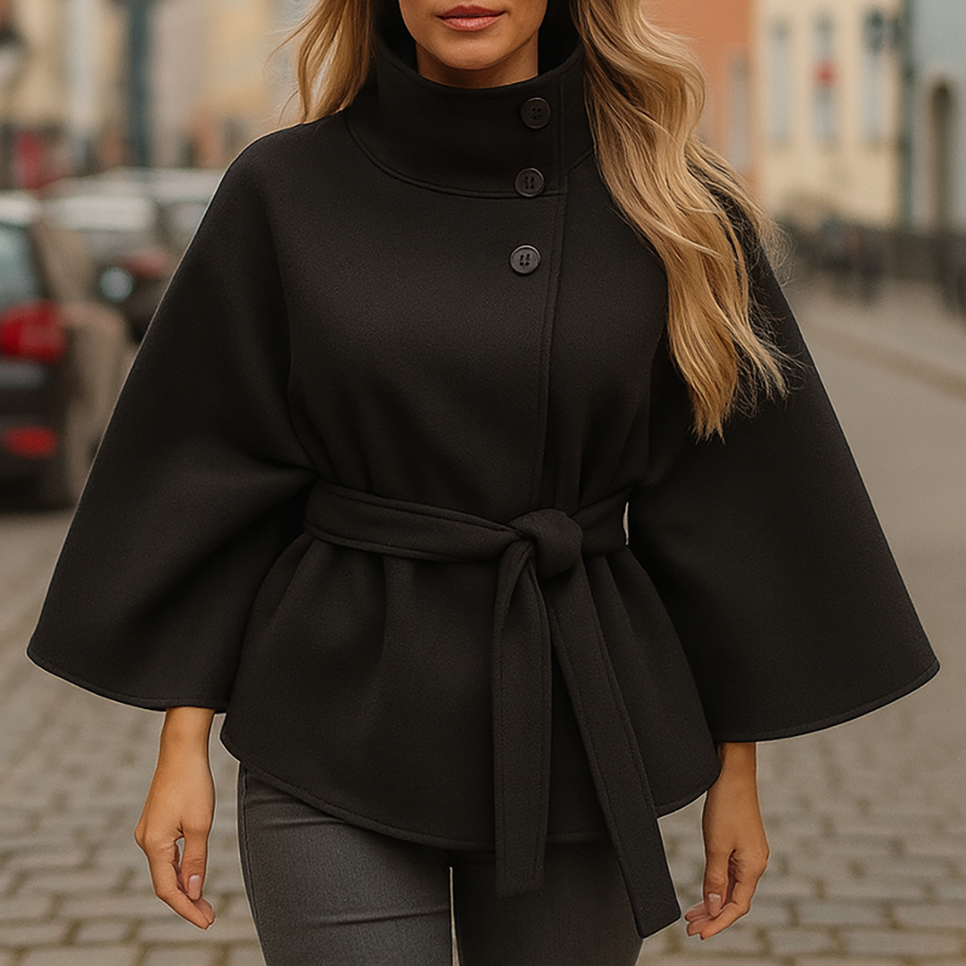 Sophisticated Belted High Collar Cape Coat For Women | Serelisse