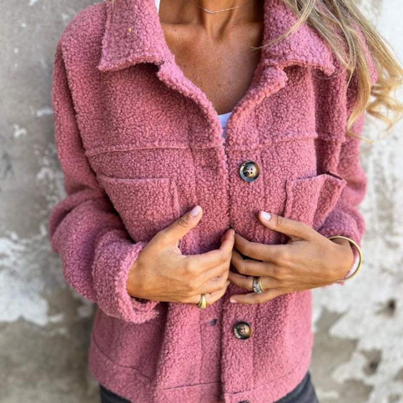Plush Short Button Jacket With Lapel Collar For Women | Hollie
