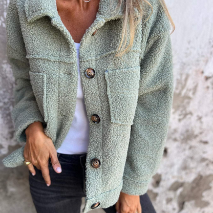 Plush Short Button Jacket With Lapel Collar For Women | Hollie