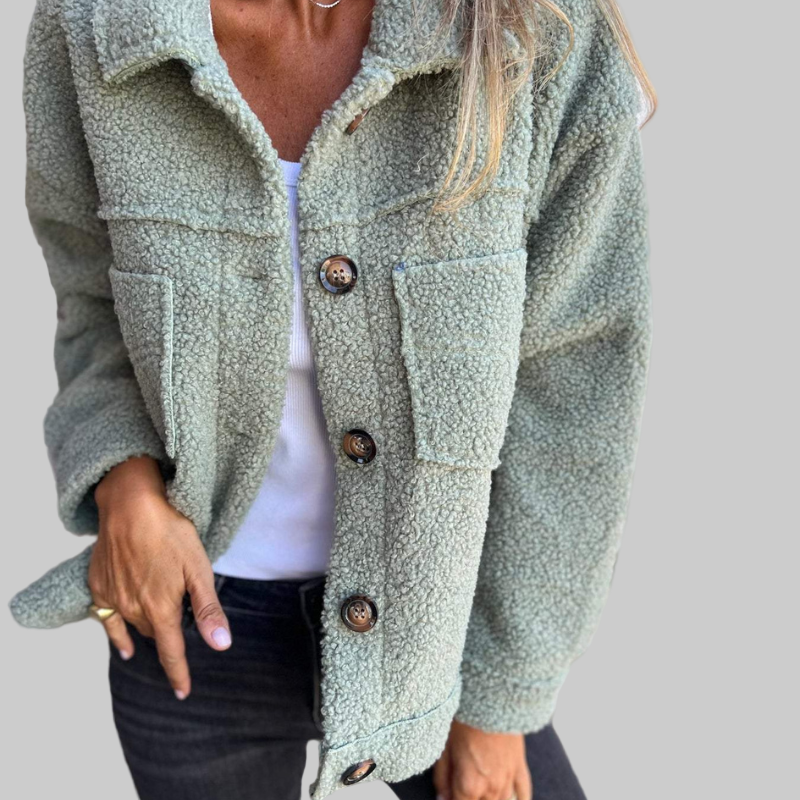 Plush Short Button Jacket With Lapel Collar For Women | Hollie