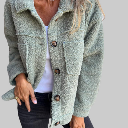 Plush Short Button Jacket With Lapel Collar For Women | Hollie