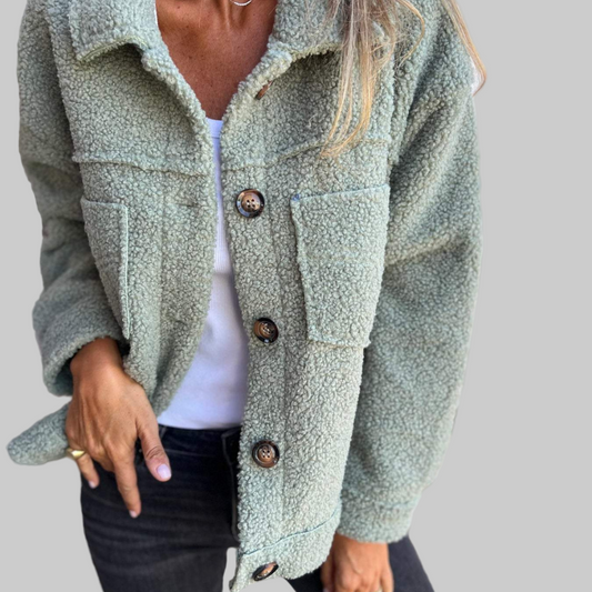 Plush Short Button Jacket With Lapel Collar For Women | Hollie