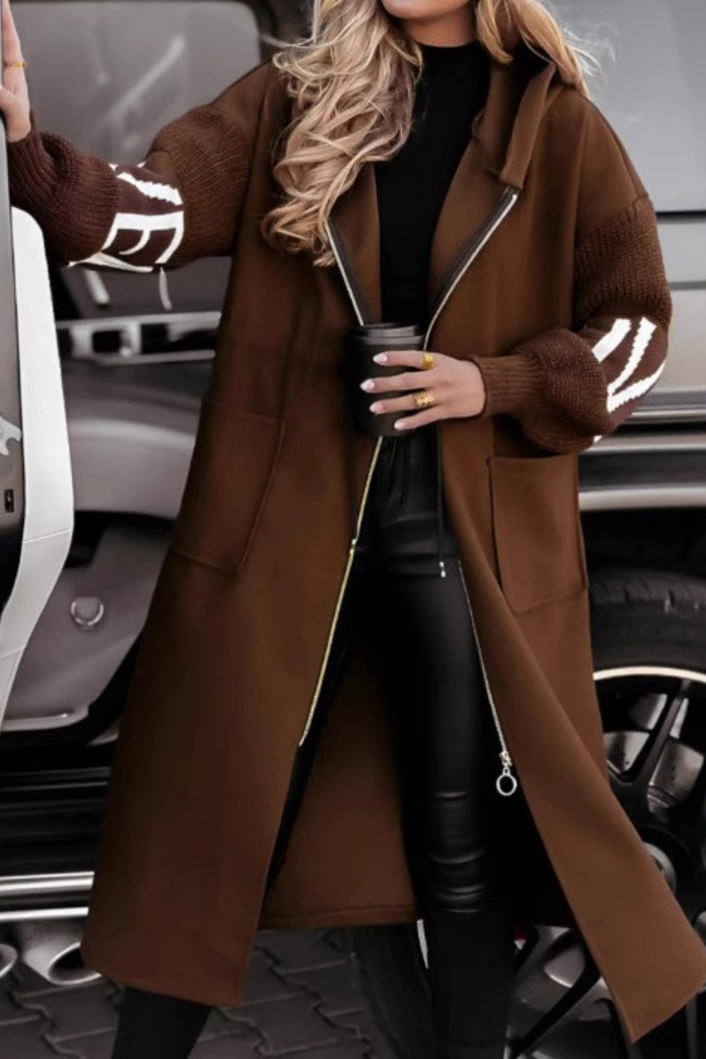Wintry Hooded jacket with knitted sleeves for women | Peggy