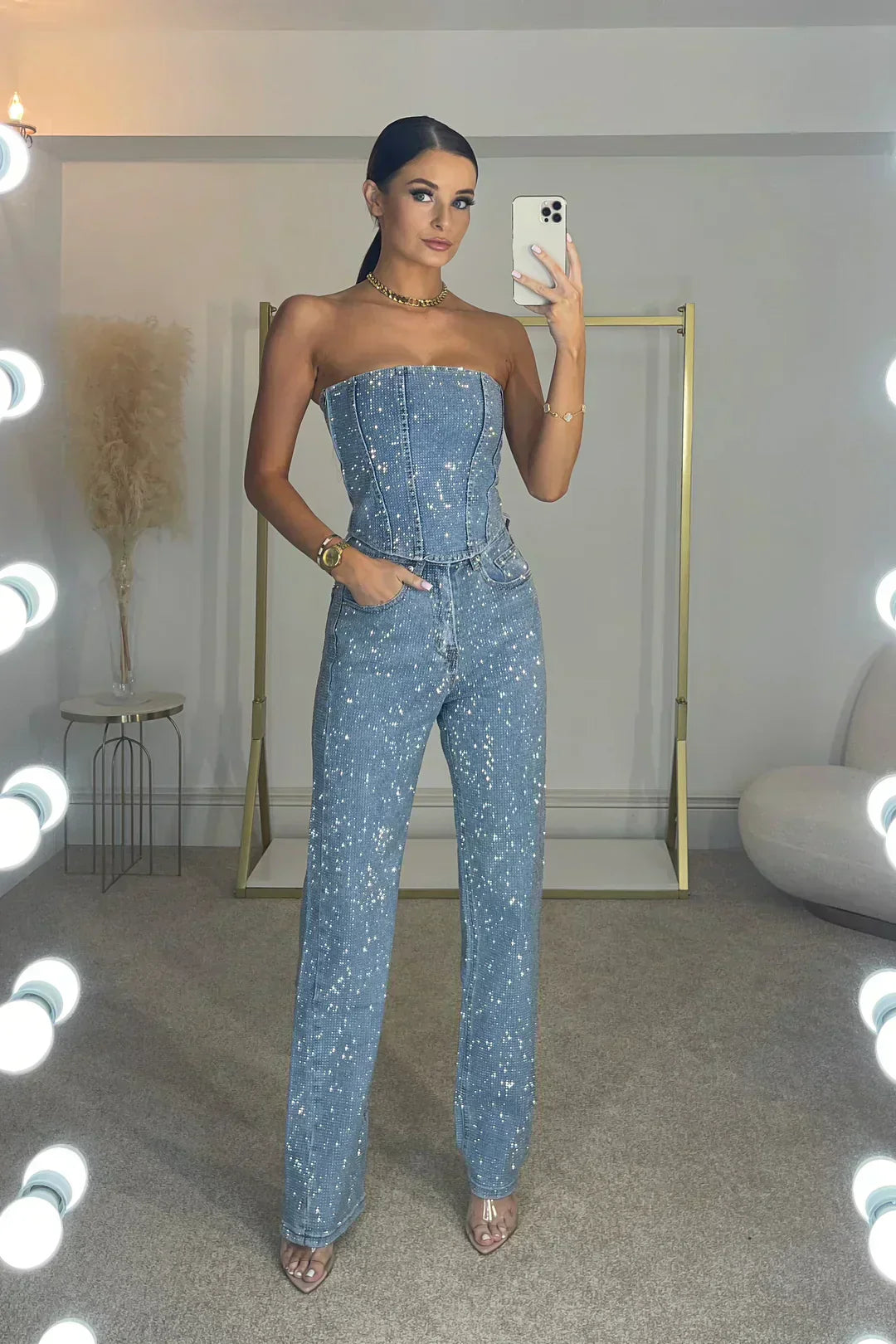 Pure Strapless Glitter Full Length Jumpsuit For Women | Arlisse