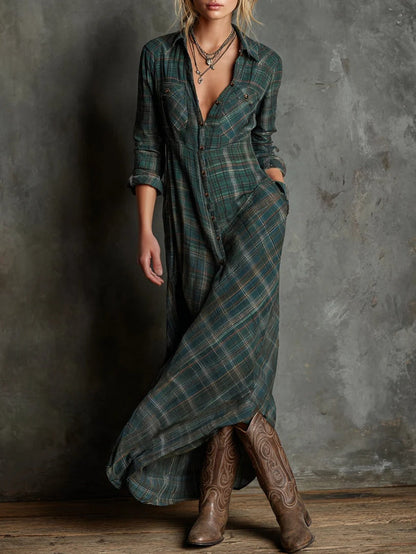 Snowy Plaid Lapel Maxi Dress For Women | Aria