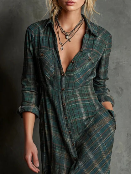 Snowy Plaid Lapel Maxi Dress For Women | Aria