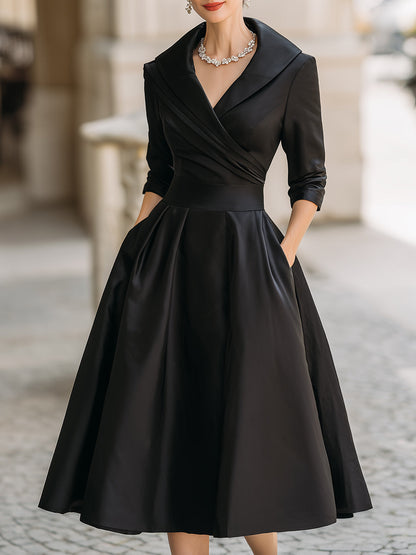 Quintessential Elegant Draped Collar Midi Dress For Women | Ange