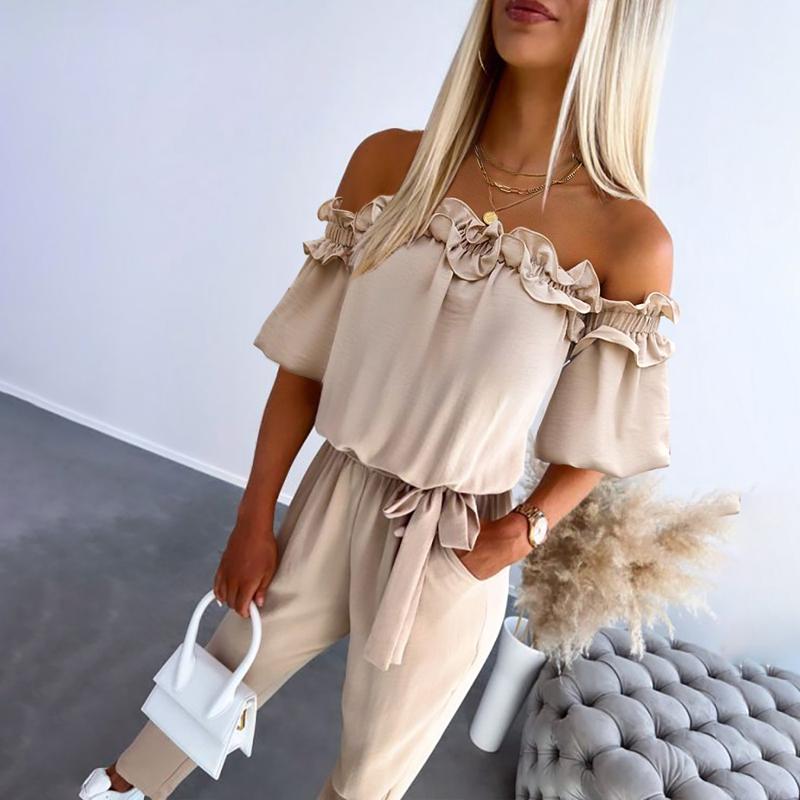 Country Chic Off-Shoulder Frill Tie Waist Jumpsuit For Women | Selene