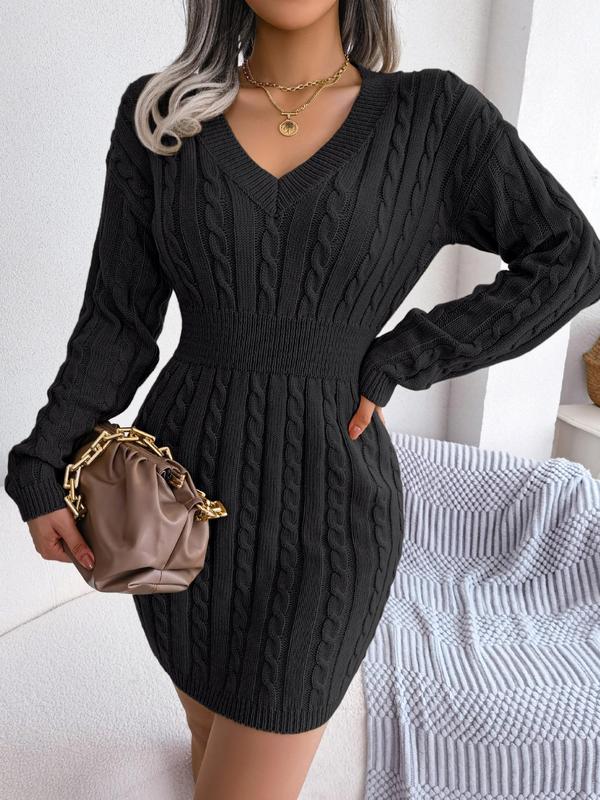 Belted Cozy Long Sleeve V Neck Sweater Dress For Women | Mirevalda