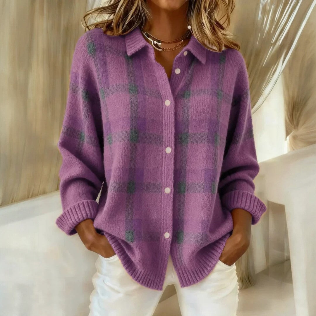 Regal Relaxed Check Button Front Sweater For Women | Lanie