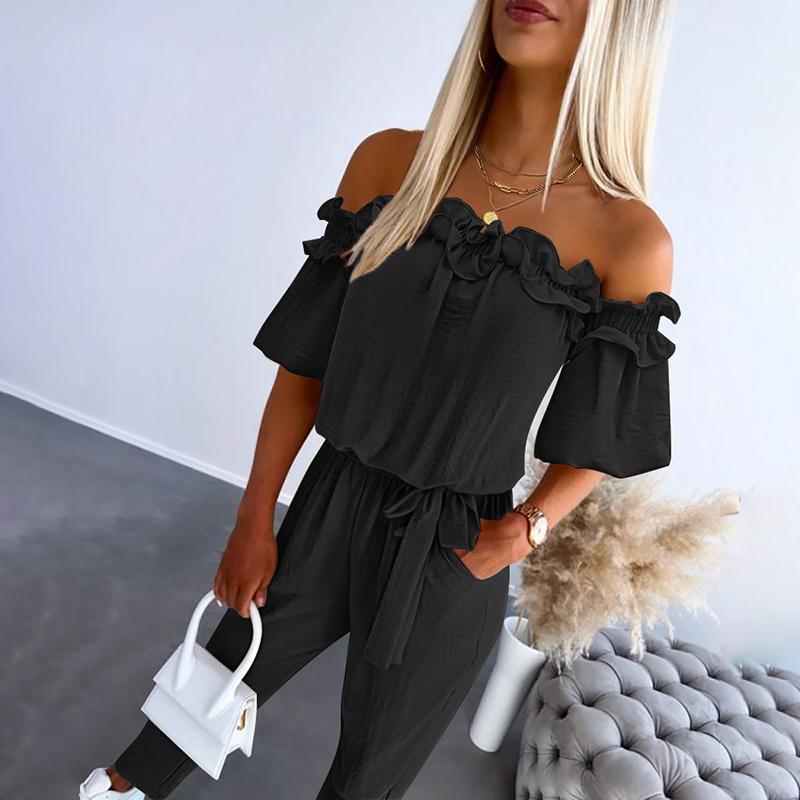 Country Chic Off-Shoulder Frill Tie Waist Jumpsuit For Women | Selene