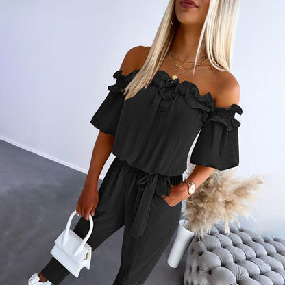 Country Chic Off-Shoulder Frill Tie Waist Jumpsuit For Women | Selene