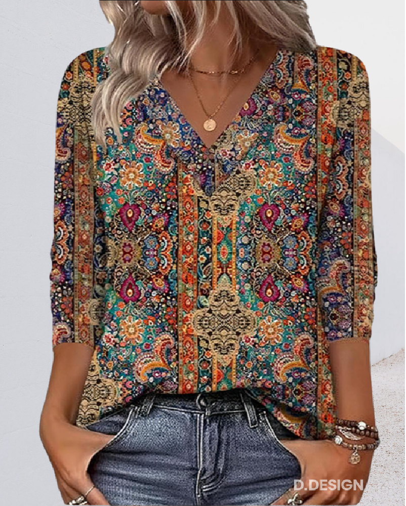 Rustic Retro printed V-neck blouse for women | Coraline