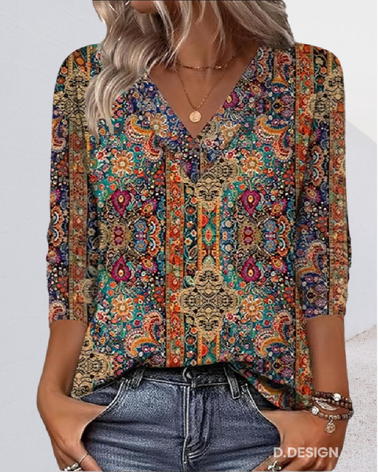 Rustic Retro printed V-neck blouse for women | Coraline