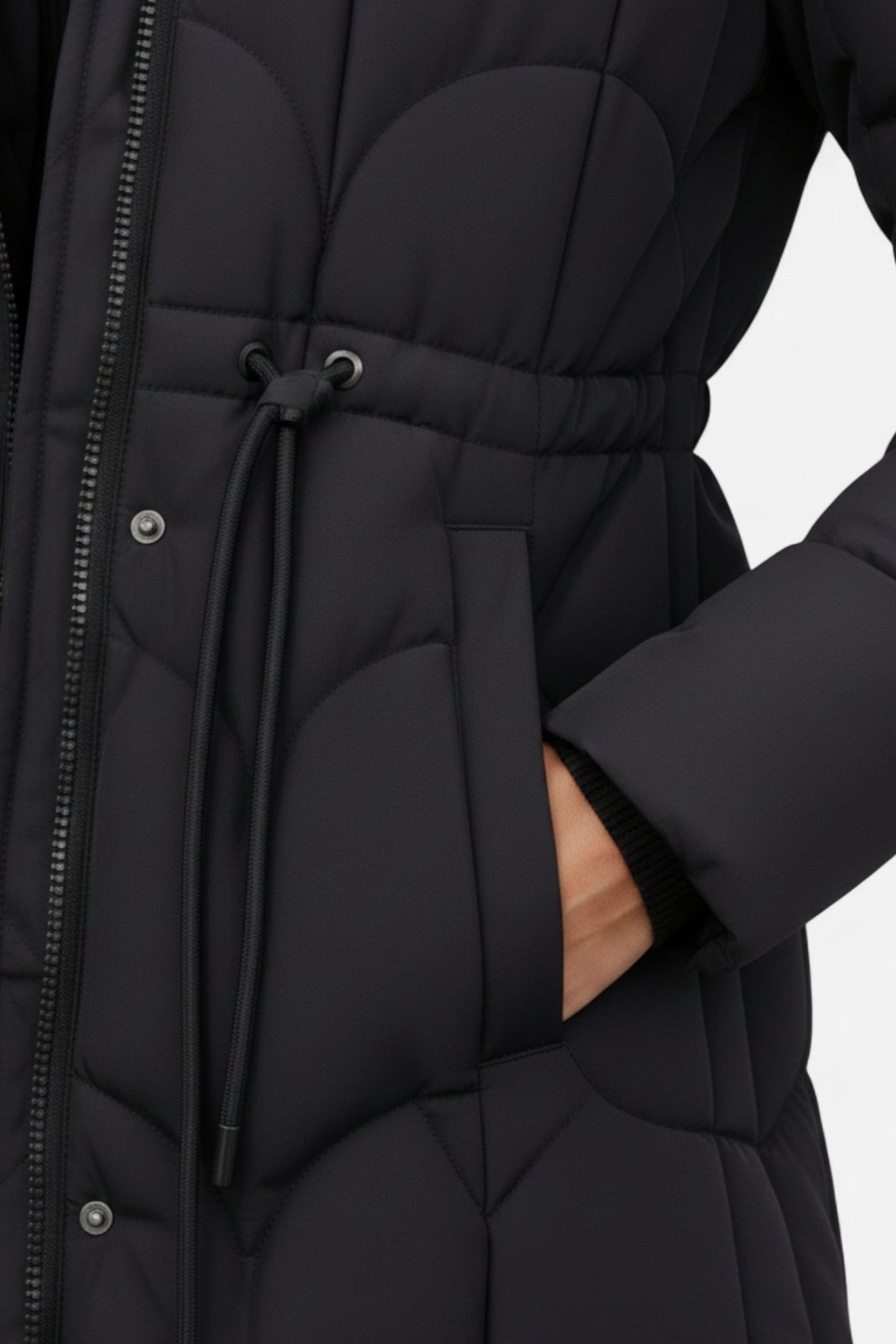 Energizing Long puffer coat with hood and adjustable waist for women | Caurelle
