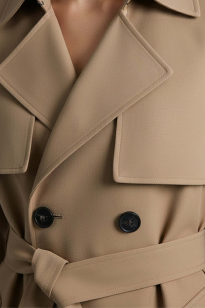 Nurturing Belted long trench coat with double-button front for women | Caurelle