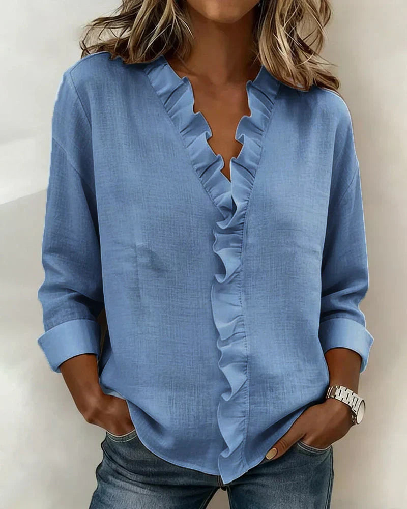 Centered Blouse with ruffled V-neck and long sleeves for women | Indie