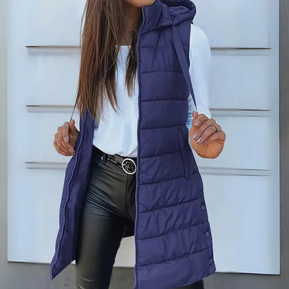 Kensington Casual Sleeveless Hooded Long Puffer Vest For Women | Elowise