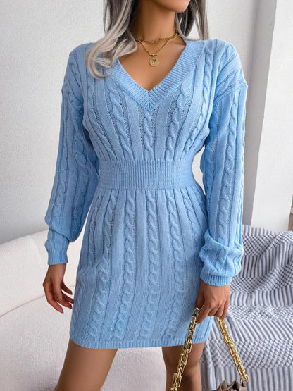 Belted Cozy Long Sleeve V Neck Sweater Dress For Women | Mirevalda