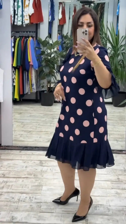 Edgy Pleated Polka Dot Midi Dress For Women | Clarisse